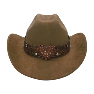 Macro shot of brown suede western hat featuring a rhinestone heart-shaped buckle detail