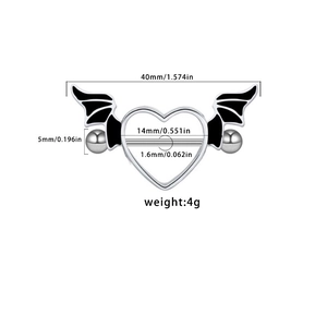 Black bat wing heart nipple ring piercing jewelry with detailed dimension technical drawing