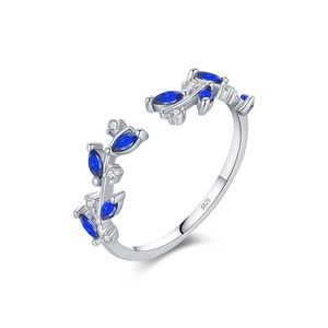 Romantic S925 sterling silver leaf ring with sparkling blue marquise and clear stones