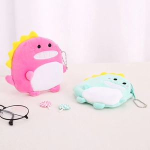 Cute dinosaur plush coin purse in pink and mint green with zipper and metal chain