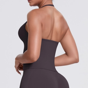 Rear view of dark brown backless sports bra and high-waist yoga pants fitness set