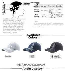 Size guide for denim baseball caps with head circumference measurements and chart