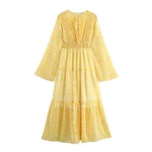 Floral Print Maxi Dress Long Sleeve V Neck Tie Elastic High Waist Polyester Bohemian French Vintage Style For Women