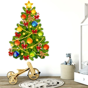 Festive Christmas tree wall decal with ornaments and candy canes for home window decor