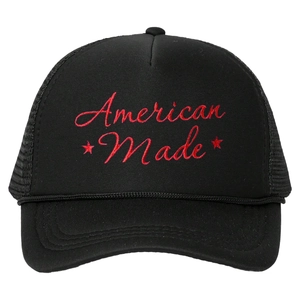 Black Y2K American Made embroidered trucker hat with breathable mesh and red stars