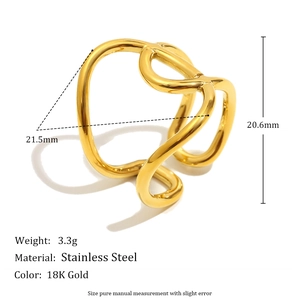 Cross knotted 18K gold plated stainless steel wavy open ring with hollow design
