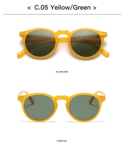 Gelbe runde Sonnenbrille mit grünen Gläsern in der Draufsicht und Frontansicht im Detail