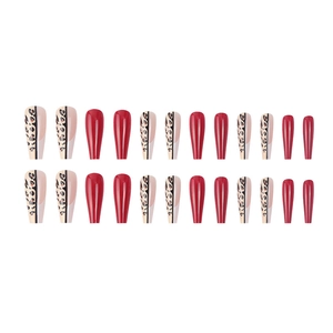 Red glossy long ballerina press-on nails with leopard print and nude patchwork design