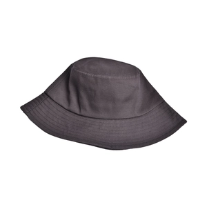 Close-up of the reinforced stitching on the brim of a dark grey cotton bucket hat