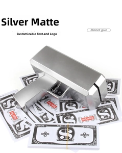 Detail view of matte silver money gun toy with Super Gun prop currency notes