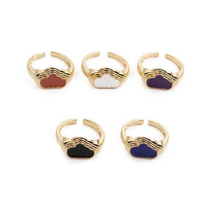 Close-up of five colorful enamel cloud rings with adjustable golden bands in various shades
