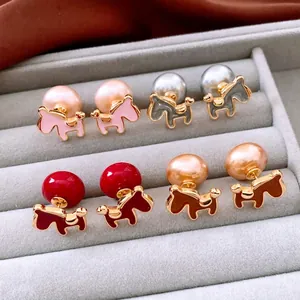 Artificial Pearl Stud Earrings 18K Gold Plated Alloy Enamel Animal Flower Bowknot Designs With Silver Earring Post For Women