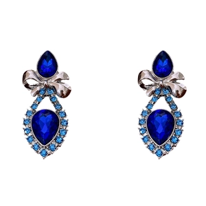 Vintage silver bow earrings with pear-cut blue crystals and pavé rhinestones