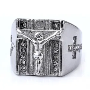 Punk style stainless steel signet ring with silver Jesus cross and CZ stone inlay