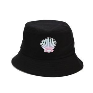 Classic black cotton bucket hat featuring a colorful gradient shell embroidery patch
