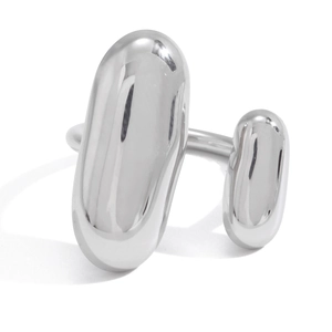Modern polished stainless steel ring with minimalist dual bean-shaped capsule ornaments