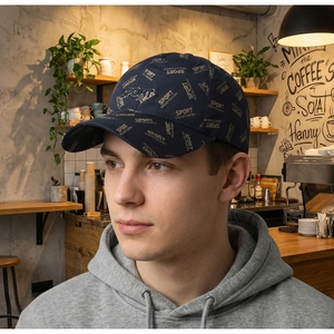 Gros plan sur la casquette marine avec broderie SPORT et imprimé intégral dans un café