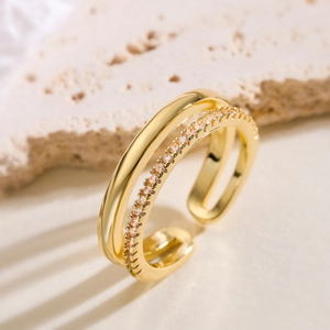 Elegant 18K gold-plated double-layer open ring featuring sparkling cubic zirconia accents