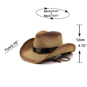 Detailed view of tan gradient straw cowboy hat with size specs for brim and crown height