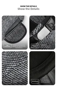 Detail view of winter plaid wool cap with hidden earflaps and adjustable metal buckle