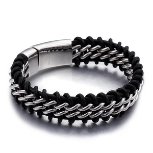 Men's double-row black leather braided bracelet with 316L stainless steel clasp