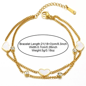 Double-layer gold bracelet detail with heart pendants and specific size measurements