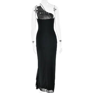 Detail of black one-shoulder maxi dress featuring mesh splicing and ruched slim-fit design