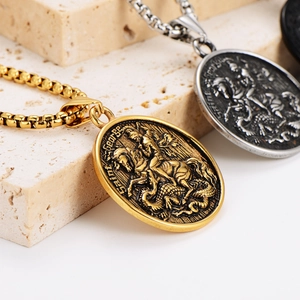 Saint George dragon slayer medal necklaces in gold and silver finish on stones