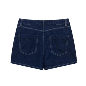 Detail view of dark blue denim shorts back with contrast white stitching and pockets