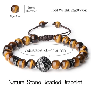Retro 8mm Tiger Eye beaded bracelet with lion head charm and adjustable drawstring cord