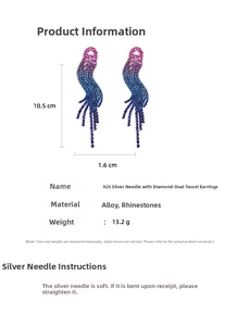 Detail view of 10.5cm long gradient rhinestone tassel earrings with 925 silver needles