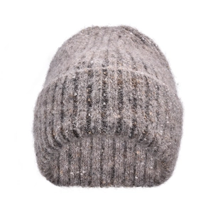 Close-up of chunky knit beanie with textured grey and brown melange wool fibers
