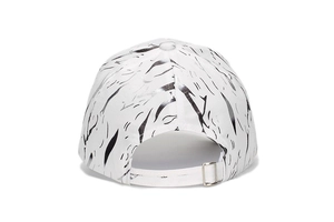 Close-up of white baseball cap back featuring silver marble print and metal buckle