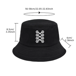Unisex black bucket hat with white geometric embroidery and summer sun protection