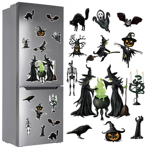 Detail view of 3D Halloween acrylic stickers showing various spooky motifs on a fridge