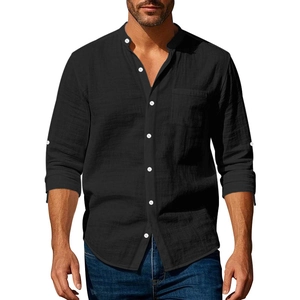 Detailed view of men's casual linen shirt with stand collar and white buttons