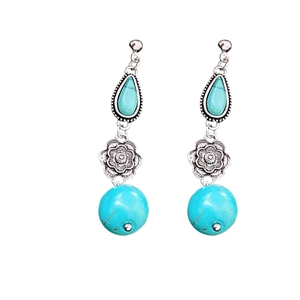 Vintage floral drop earrings with turquoise stones and silver-tone metal finish