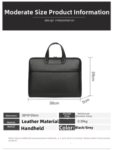 Detailed size chart of black leather laptop briefcase showing dimensions 38x29x5cm