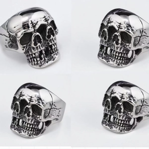Gothic punk three-sided skull ring in retro stainless steel shown from multiple angles
