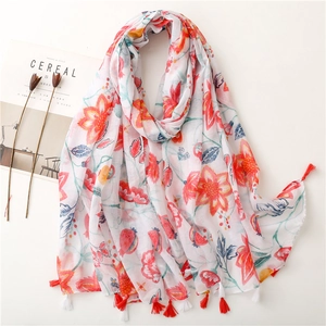 Women Floral Pomegranate Print Scarf Shawl Bali Yarn Polyester Lightweight Breathable Tassel Edge Elegant Summer Sunscreen