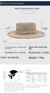 Size chart for outdoor sun hat showing 58cm circumference and measurement guide