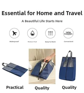 Detail view of navy travel shoe bag with breathable mesh window and zipper closure