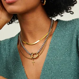 Layered Necklace Stainless Steel 18K PVD Gold Plated Waterproof Horseshoe Buckle Lightning Zircon Charm Retro Women Chic