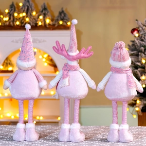 Pink sequin Christmas plush dolls with extendable legs featuring reindeer and elves
