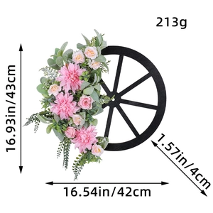 Christmas wagon wheel wreath with pink dahlia flowers and green leaves dimensions guide