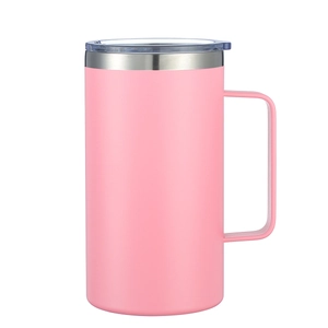 Pink 24oz double-wall stainless steel insulated tumbler with handle and clear lid