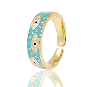 Detailed macro of gold Evil Eye ring with light blue enamel and adjustable band