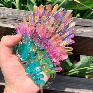 Handmade celestial crown headband with colorful crystals and silver crescent moon
