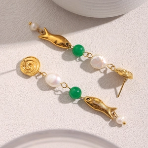 18K gold plated stainless steel fish tassel earrings with white pearls and green beads