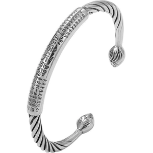 Vintage silver twisted cuff bracelet with engraved Buddhist Heart Sutra and lotus tips